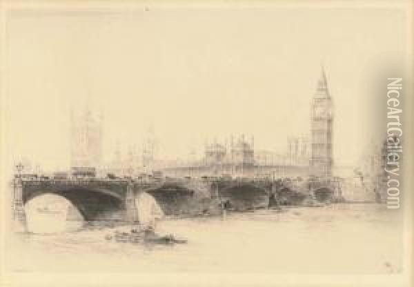 Westminster Bridge With The Houses Of Parliament Beyond Oil Painting - Frederick Arthur Farrell