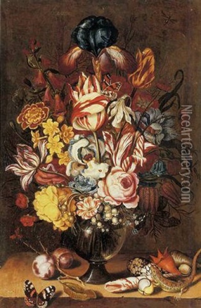 Tulips, Peonies, Narcissi And Other Flowers In A Glass Vase With Plums, Seashells, A Butterfly And A Lizard On A Ledge Oil Painting - Ambrosius Bosschaert the Younger