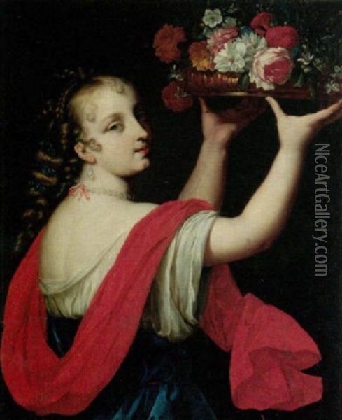 A Portrait Of A Young Lady, Holding Up A Basket Of Flowers Oil Painting - Pierre Mignard the Elder