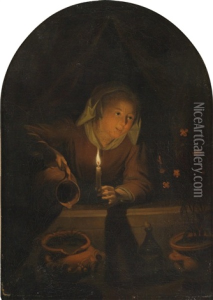 Eine Junge Frau Begiesst Topfpflanzen Bei Kerzenlicht Oil Painting - Gerrit Dou