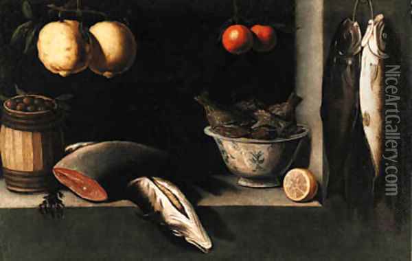 Lemons, oranges, a barrel of olives, salmon and a bowl of fish in a niche Oil Painting - Alejandro De Loarte