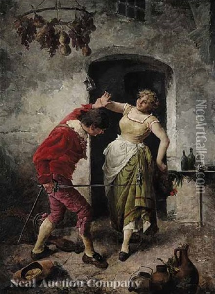 Woman And Musketeer Playfully Struggling Over A Rooster Oil Painting - Giuseppe Guzzardi