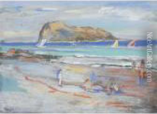 A Steamer Off The Coast, A Breezy Day On The Beach Oil Painting - James Kay
