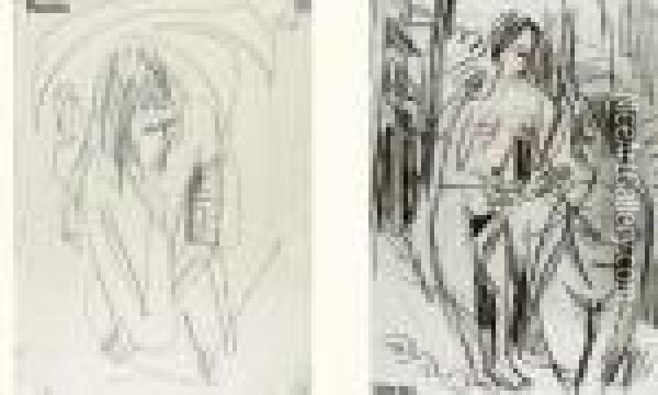 Zwei Weibliche Akte (recto) Vers 1923 Oil Painting - Ernst Ludwig Kirchner