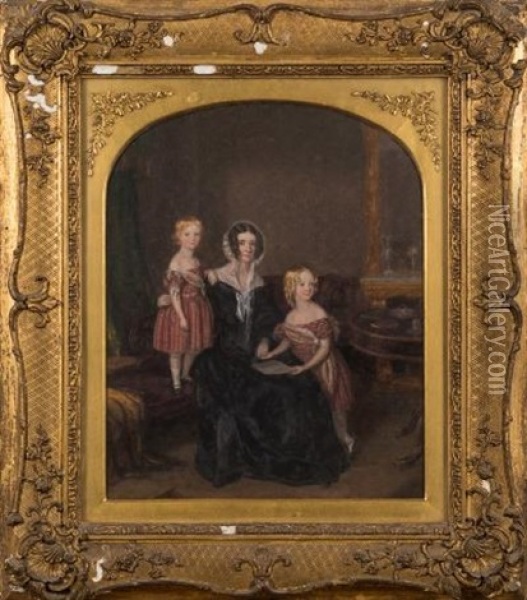 A Mother And Two Children On A Chaise In A Salon Interior Oil Painting - Andrew Geddes