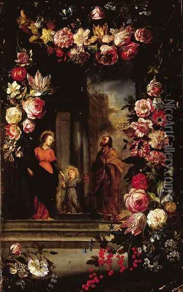 A garland of flowers surrounding The Holy Family Oil Painting - Jan Brueghel the Younger