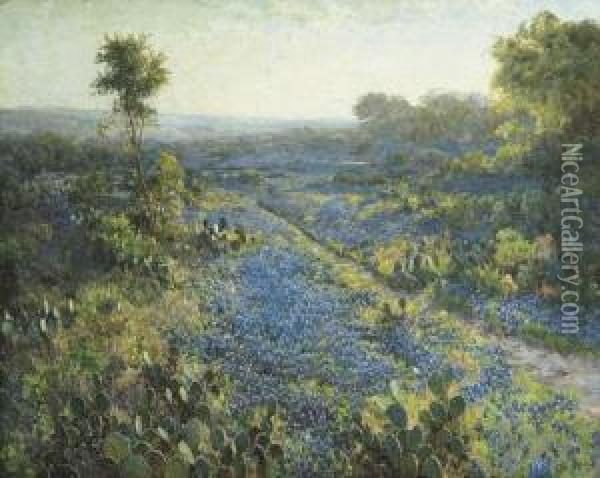Field Of Texas Bluebonnets And Prickly Pear Cacti Oil Painting - Julian Onderdonk