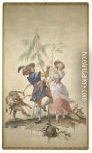 A Dancing Couple With A Dwarf Oil Painting - Giovanni Domenico Tiepolo