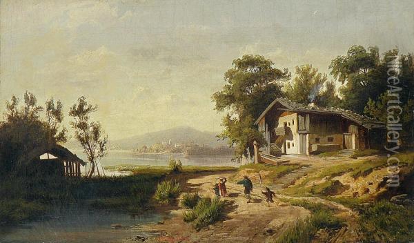 Bauernhaus Am See Mit Heimkehrenden Bauern Oil Painting - J. M. Meeker