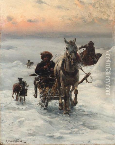Cossacks Returning Home In The Snow Oil Painting - Alfred Wierusz-Kowalski