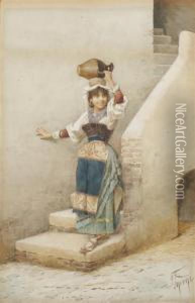 Girl Carrying Water Oil Painting - Filippo Indoni