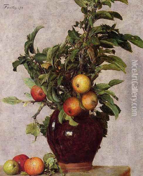 Vase with Apples and Foliage Oil Painting - Ignace Henri Jean Fantin-Latour