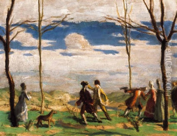 Rokoko Jelenet A Szabadban (rococo Scene In The Open-air) Oil Painting - Adolf Fenyes