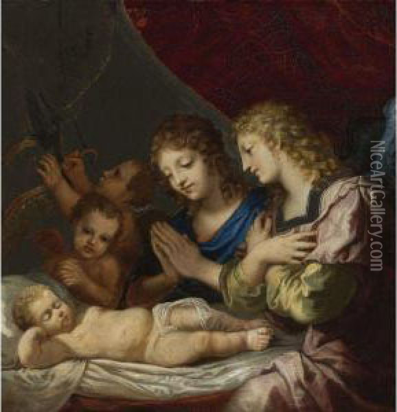 Angels Adoring The Sleeping Christ Oil Painting - Jacques De Stella
