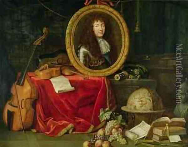 Still life with portrait of King Louis XIV 1638-1715 surrounded by musical instruments flowers and fruit Oil Painting - Jean Garnier
