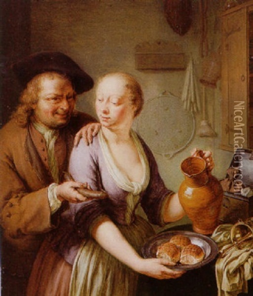 A Man Making Advances To A Maid In A Kitchen Interior Oil Painting - Frans van Mieris the Younger