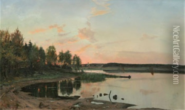 Storsjon I Sodermanland Med Gasinge Kyrka Oil Painting - Erik Johan Wilhelm Abrahamson