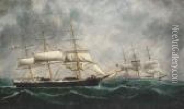 The American Clipper Caravan 
Rendering Assistance To A British Full-rigger In Mid-atlantic Oil Painting - William Howard Yorke