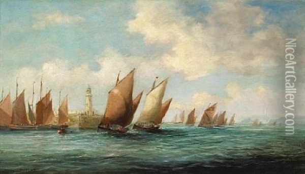 Fishing Boats Off St. Ives, Cornwall Oil Painting - John Brett