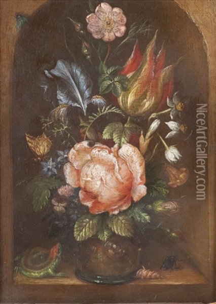 Blumenstuck Mit Eidechse, Muschel, Kafer Und Fliege Oil Painting - Ambrosius Bosschaert the Elder