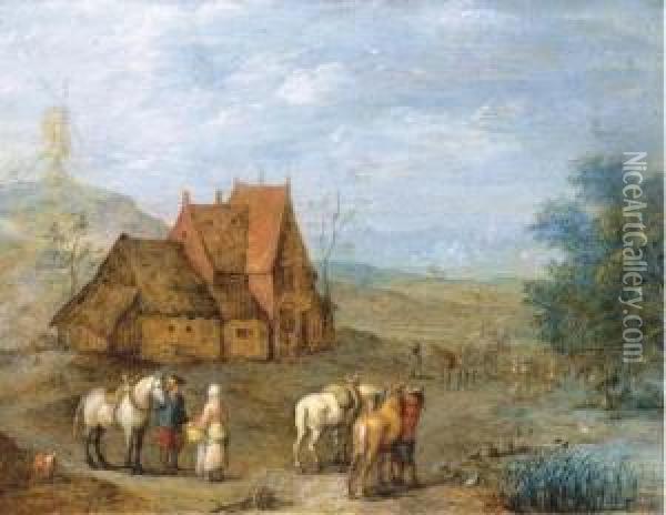 A Landscape With Travellers And Their Horses Before A Farmhouse,windmill Beyond Oil Painting - Joseph van Bredael