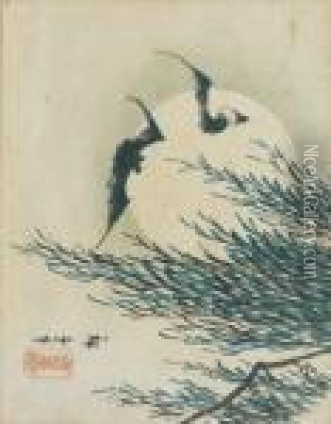 Un Couple De Chauvessouris Devant Lapleine Lune Et Un Saule Pleureur Oil Painting - Utagawa or Ando Hiroshige