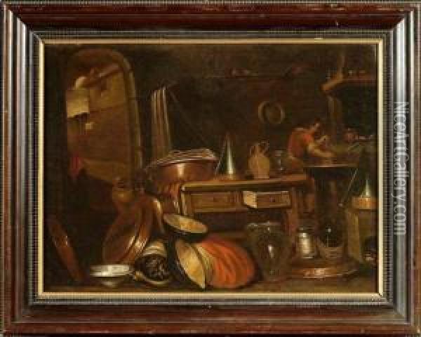 Interno Di Cucina Con Rami E Figura Oil Painting - Gian Domenico Valentino