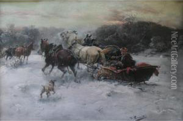Winter Sleigh Teams Oil Painting - Alfred Wierusz-Kowalski