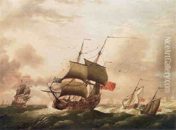Vessels Of The Red Squadron Off A Fort Oil Painting - Peter Monamy