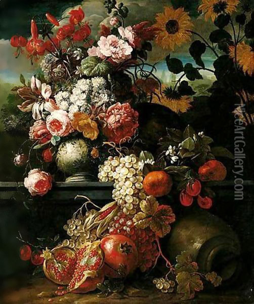 A Still Life Of Roses, Tulips, And Other Flowers In A Porcelain Vase, Together With Pomegranates, Plums And Grapes, In An Ornamental Landscape Oil Painting - Gaspar-pieter The Younger Verbruggen