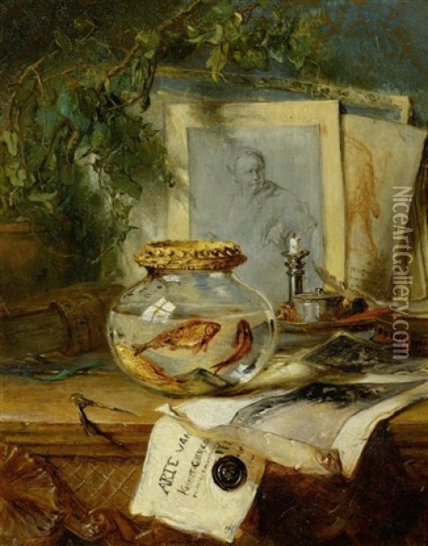 Stillleben Mit Einem Goldfischglas Und Diverse Papiere Auf Einem Tisch Oil Painting - Maria Vos