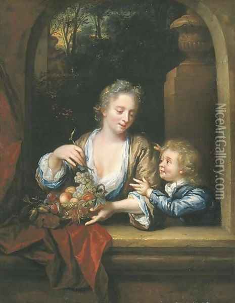 A mother and child with a basket of fruit at a casement Oil Painting - Philip van Dyck