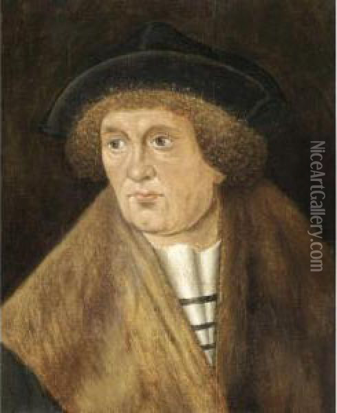 Portrait Of A Gentleman, Half Length, Wearing A Fur-lined Coat And A Black Hat Oil Painting - Hans Brosamer