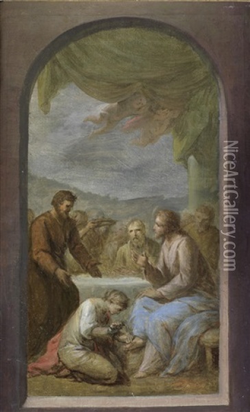 Christ In The House Of Simon The Pharisee, Within A Painted Stone Archway Oil Painting - Francesco Sleter