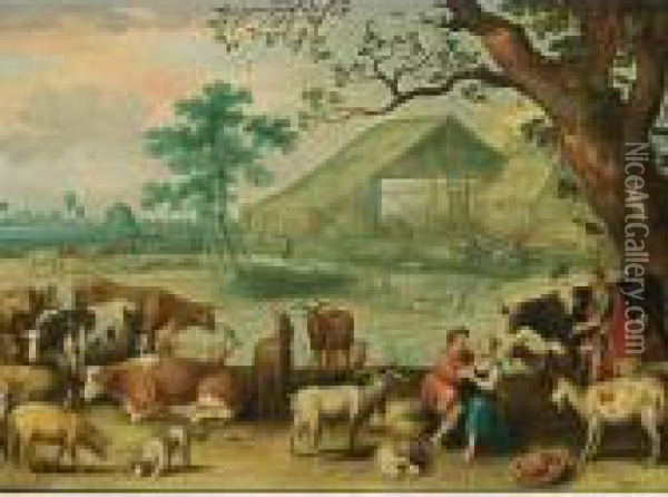 A Landscape With Amorous 
Shepherds And Their Herd With Another Shepherd Near A Tree In The 
Foreground, A View Of A Farm With A Horse-drawn Cart And Cows And Sheep 
Beyond Oil Painting - Willem van, the Younger Nieulandt