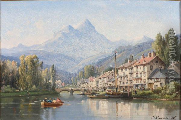 Paysage Montagnard Avec Lac, Promeneurs Etoiseaux. Oil Painting - Joseph Kuwasseg Carl