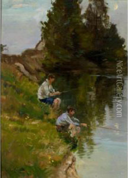 Fishing On The River Bank Oil Painting - Henry Mitton Wilson
