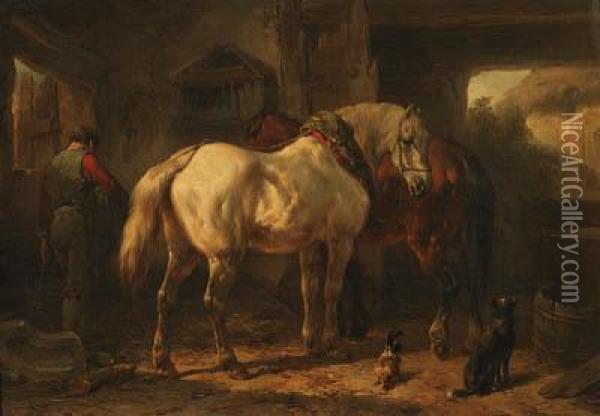 A Stable Interior With A Groom And Horses Oil Painting - Wouterus Verschuur