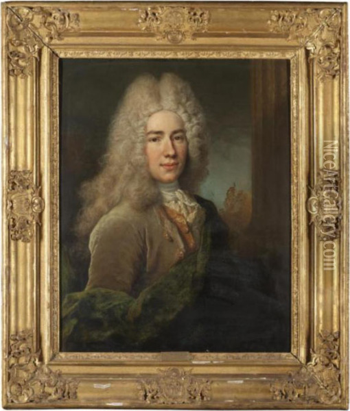 Portrait Of A Gentleman, Half Length, Wearing A Brown Velvet Coat Wih A Green Sash Oil Painting - Nicolas de Largillierre