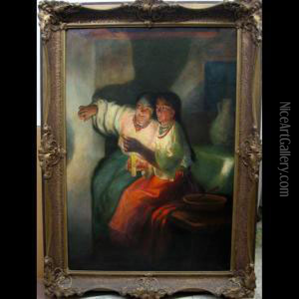 Two Girls In Candlelight Oil Painting - Nicolai K. Pimonenko