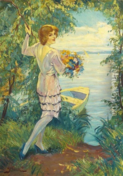 Madchen Mit Blumenstraus An Sommerlichem Ufer Mit Angelandetem Kahn Oil Painting - Leopold Illencz