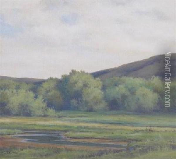 A Meandering River Landscape Oil Painting - Alfred Lys Baldry