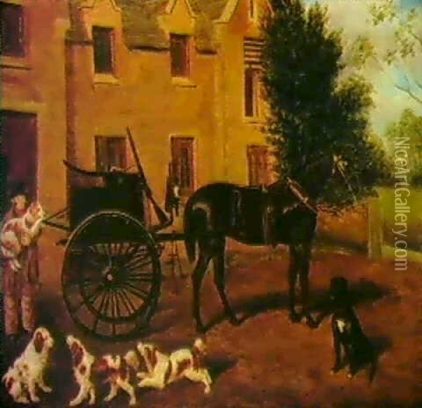 A Horse And Chaise With Spaniels In A Stable Yard Oil Painting - James Loder Of Bath