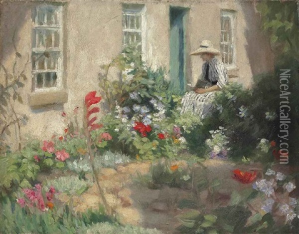 A Woman Reading In A Garden Oil Painting - Harold Harvey