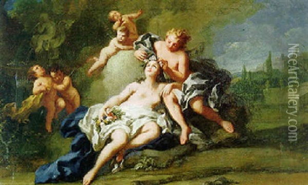Cupid And Psyche (?) With Four Putti In A Landscape Oil Painting - Jacopo Amigoni