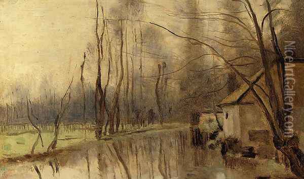 Voisinlieu, House by the Water Oil Painting - Jean-Baptiste-Camille Corot