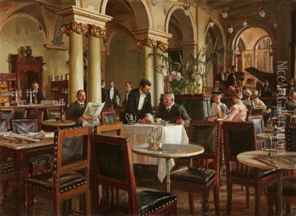 The Coffeehouse Oil Painting - Frants Peter Didrik Henningsen