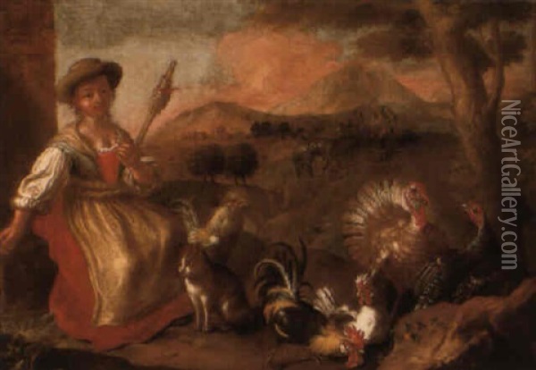 A Peasant Woman Spinning With A Cat And Poultry In An Italianate Landscape Oil Painting - Giorgio (Count) Durante