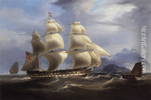An East Indiaman Reducing Sail Off Hong Kong In Company With A Sampan And Deep Water Junk Oil Painting - William John Huggins