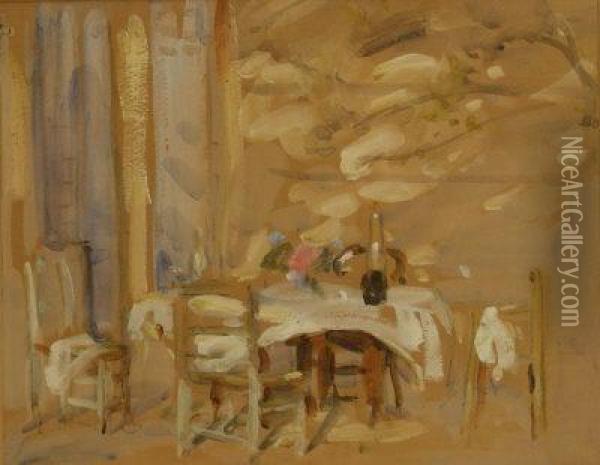 Terrace Scenes Lady Seated At A Table & An Empty Table Oil Painting - William Frederick Mayor
